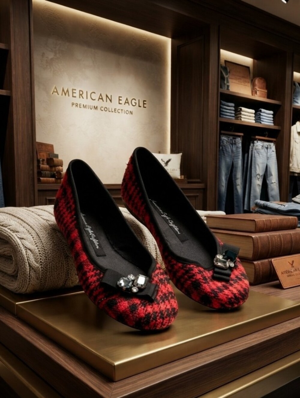 American Eagle Outfitters Red and Black Houndstooth Ballet Flats with Gem Bow